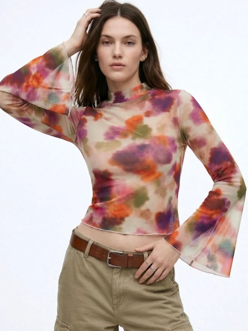أوجيدر Multi High Neck Printed Mesh Top With Bell Sleeves