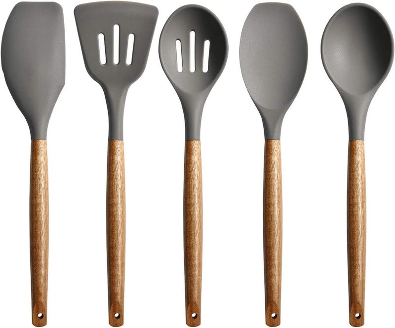 TASKHOUSE Kitchen Utensil Set 5 pcs NonStick Silicone Spatula Set with Holder Wooden Handle Heat Resistant Gadget Non Scratch and Non Stick Easy Grip Cooking Tool - Image 1