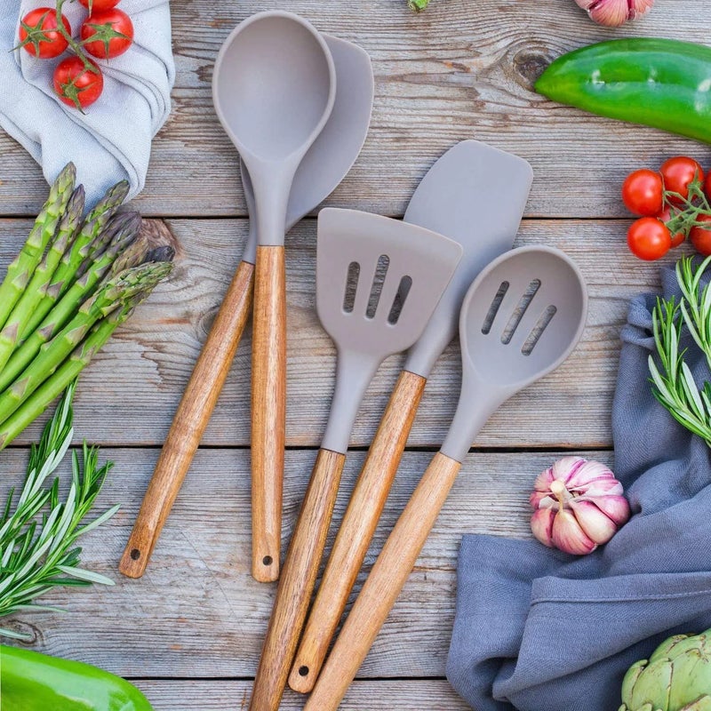 TASKHOUSE Kitchen Utensil Set 5 pcs NonStick Silicone Spatula Set with Holder Wooden Handle Heat Resistant Gadget Non Scratch and Non Stick Easy Grip Cooking Tool - Image 2