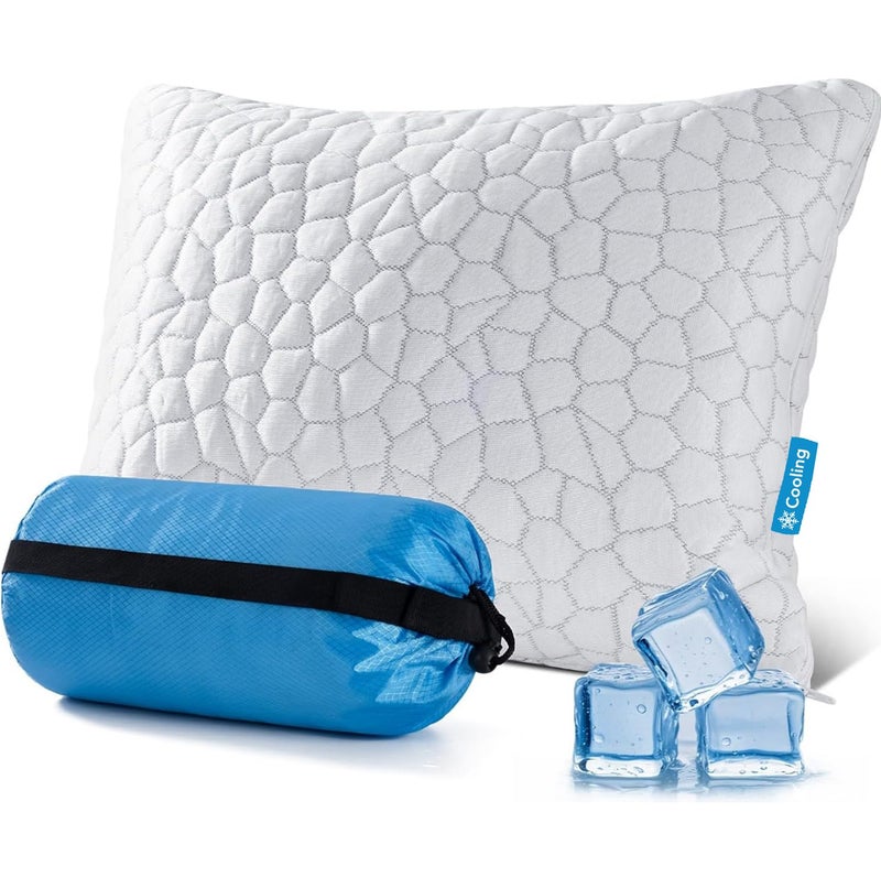 QUTOOL Cooling Pillow for Sleeping, CertiPUR-US Shredded Memory Foam Camping Pillow Set of 1, Backpacking for Hiking Gear, Portable Pillow with Travel Storage Bag, Soft Yet Support,White - Image 1