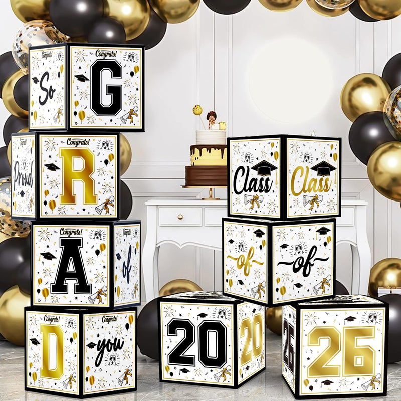 OHOME 8 Pack Graduation Decorations 2026 - Black Gold Balloon Boxes for Class of 2026 Party Favors Supplies - Graduation Party Decorations 2026 Yard Signs Banner Backdrop Decor (Black) - Image 1