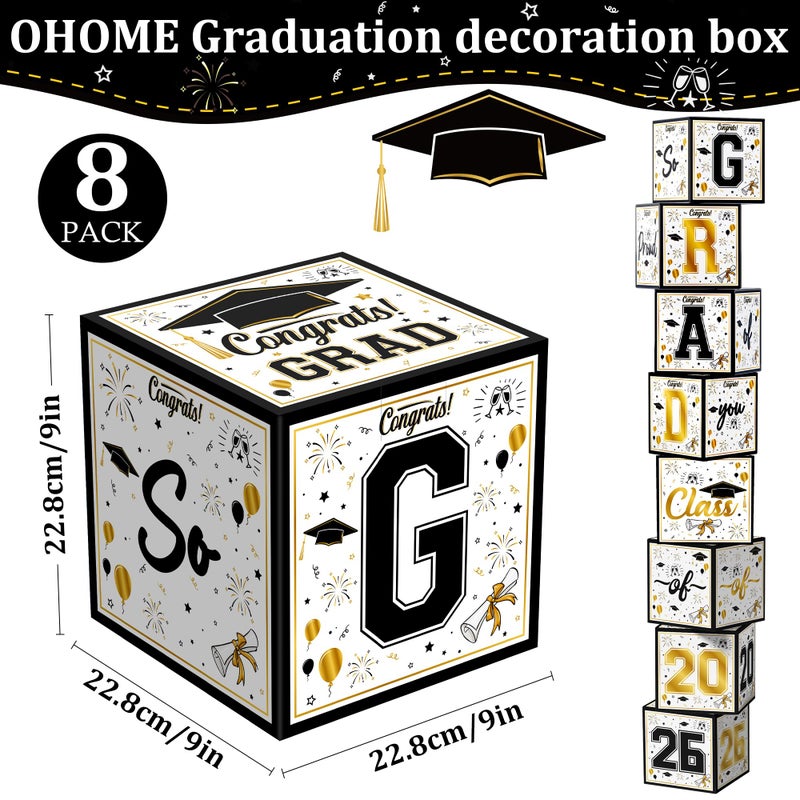 OHOME 8 Pack Graduation Decorations 2026 - Black Gold Balloon Boxes for Class of 2026 Party Favors Supplies - Graduation Party Decorations 2026 Yard Signs Banner Backdrop Decor (Black) - Image 2