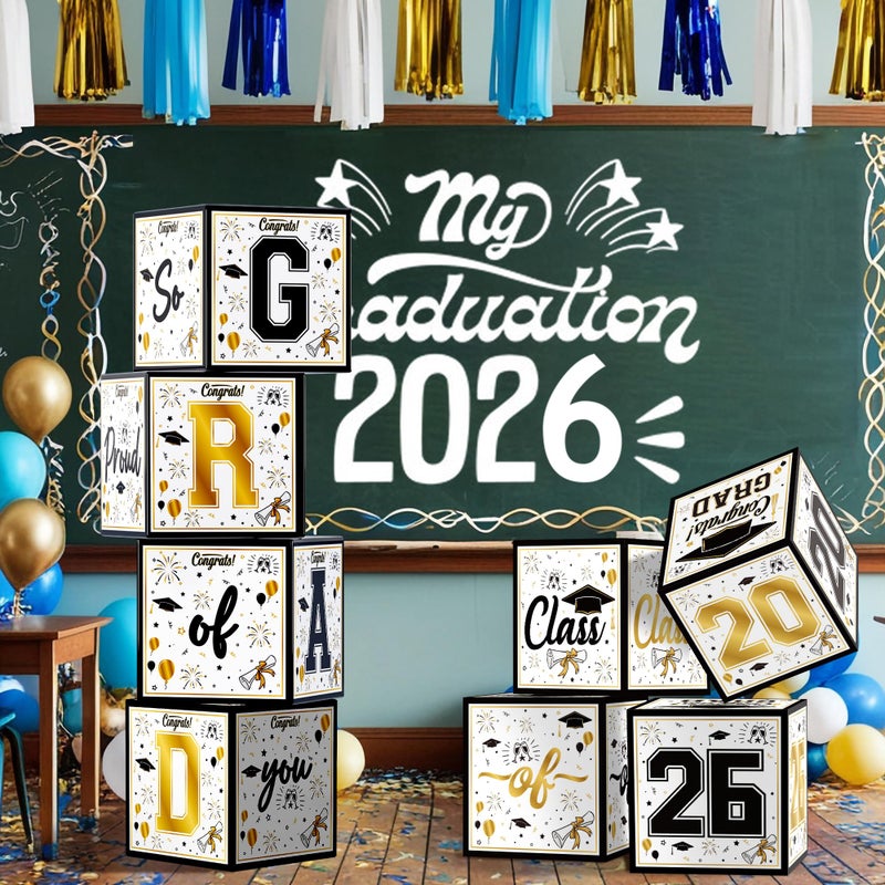 OHOME 8 Pack Graduation Decorations 2026 - Black Gold Balloon Boxes for Class of 2026 Party Favors Supplies - Graduation Party Decorations 2026 Yard Signs Banner Backdrop Decor (Black) - Image 4
