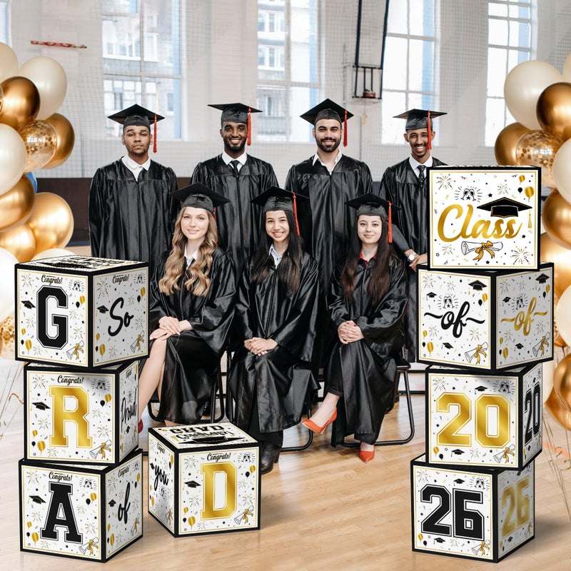 OHOME 8 Pack Graduation Decorations 2026 - Black Gold Balloon Boxes for Class of 2026 Party Favors Supplies - Graduation Party Decorations 2026 Yard Signs Banner Backdrop Decor (Black) - Image 5