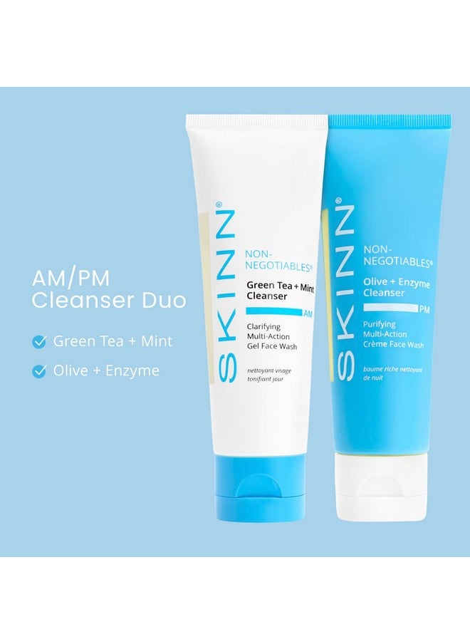 Skinn - SKINN Day & Night Face Wash for Women & Men - Refreshing Green Tea & Mint Infusion, Nourishing Olive & Enzyme Formula - Complete AM/PM Cleanser Set for Hydrated - Image 1