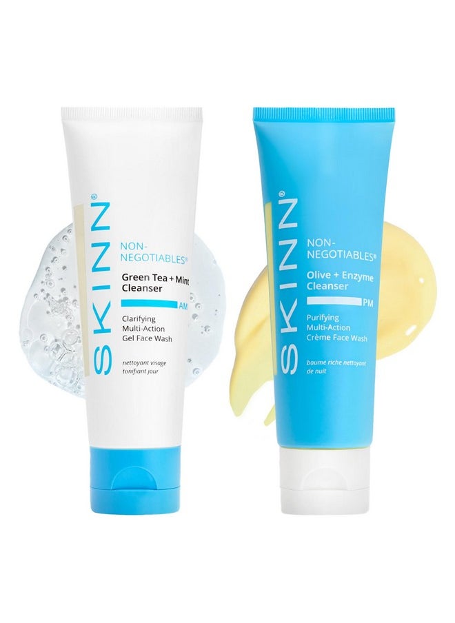Skinn - SKINN Day & Night Face Wash for Women & Men - Refreshing Green Tea & Mint Infusion, Nourishing Olive & Enzyme Formula - Complete AM/PM Cleanser Set for Hydrated - Image 1