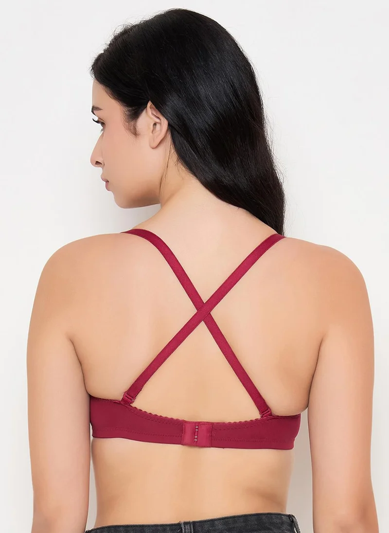 Clovia Clovia Padded Non-Wired Full Coverage Self Striped Multiway T-shirt Bra in Maroon