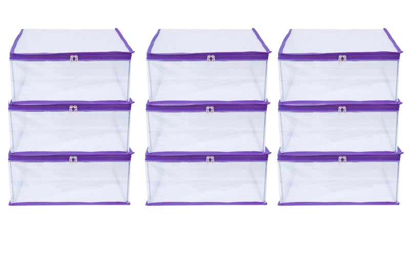 MBW Clothes Organiser for Wardrobe, Saree Covers with zip, Saree Organizer for Wardrobe, Clothes Storage Bag, Saree Bags Storage, Saree Covers for Storage, Transparent (Purple - Pack of 9) - Image 1
