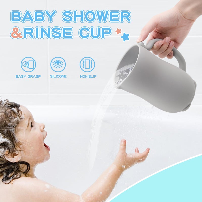 Mandoo Baby Bath Rinse Cup - Food Grade Silicone Shampoo & Body Washing Rinser for Kids with Easy Grip Handle - Baby Essentials (Light Gray) - Image 2
