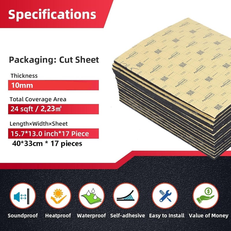 AggSound Pack of 17 Self-Adhesive Sound Insulation Mats, 10 mm Thick, 40 x 33 cm - Image 4