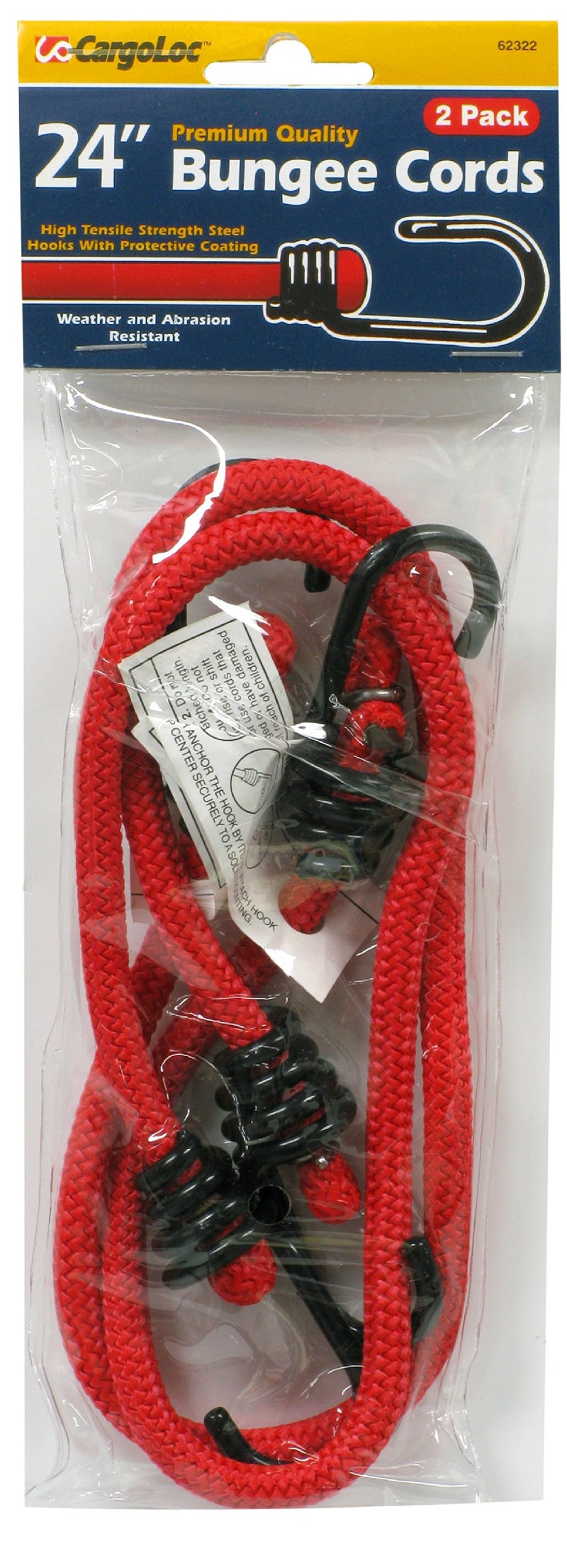 CargoLoc 62322 Bungee Cords with High Tensile Steel Hooks  24-Inch  Red