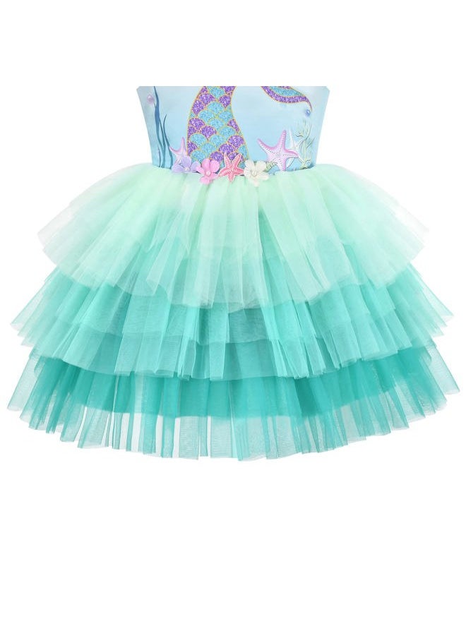Sunny Fashion - Girls Dress Aqua Green Sea Mermaid Gradient Tutu Tulle Party Size 4 - Image 1