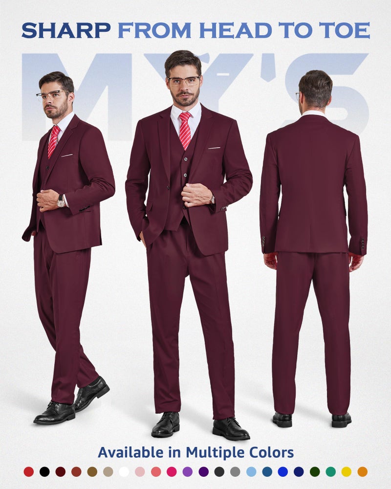 MYS MY'S Men's 3 Piece Slim Fit Suit Set, One Button Solid Jacket Vest Pants with Tie Burgundy - Image 2