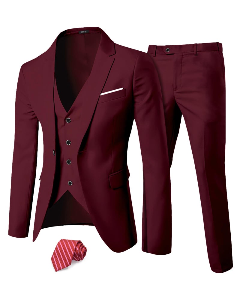MYS MY'S Men's 3 Piece Slim Fit Suit Set, One Button Solid Jacket Vest Pants with Tie Burgundy - Image 1