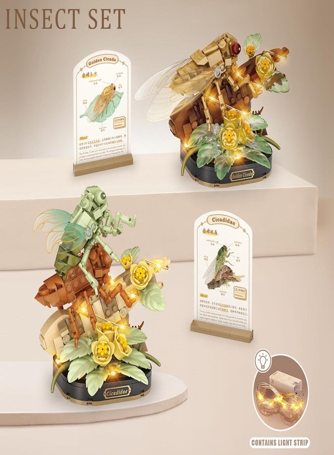 MEIEST Insect Flower Building Blocks Set,Colorful Construction Building Bricks Toy with a Science Popularization Card,Creative Home Decoration (Golden Cicada) - Image 3