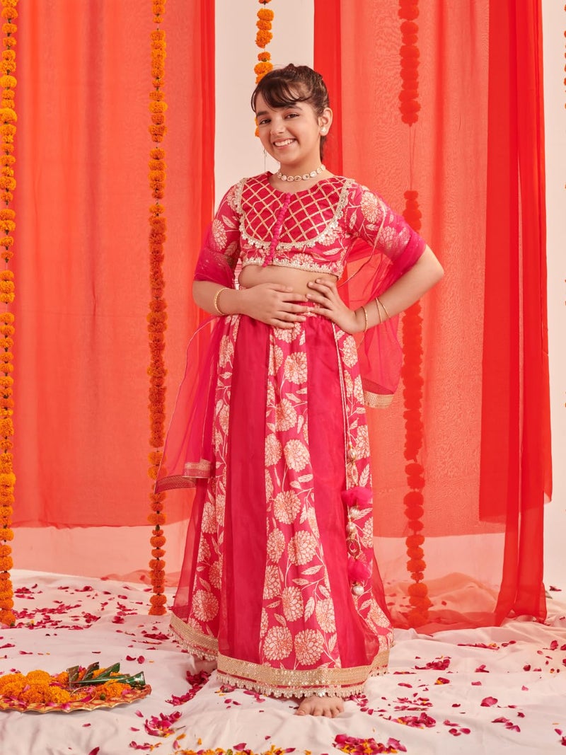 Pspeaches Girls 3/4th Sleeves Round Neck Floral Print Lehenga And Choli With Dupatta 3 Piece Set|Ethnic Wear For Kids Girls|Traditional & Festive Outfit 7-8 Year Magenta - Image 3