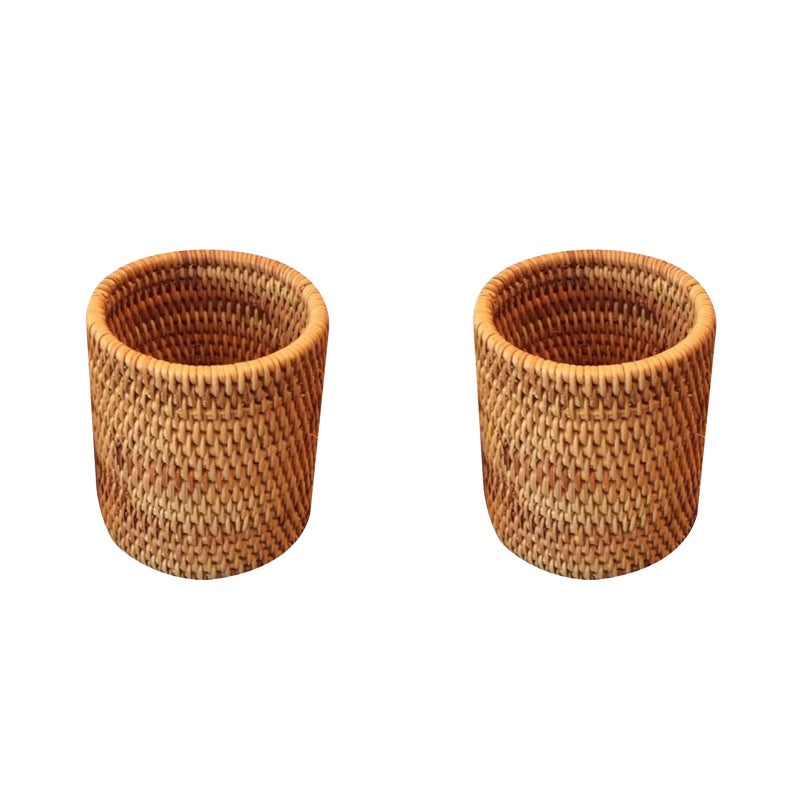 2 pcs Rattan Woven Tea Set Container Handmade Tea Ceremony Basket Storage Basket Multi-Purpose Rattan Woven Pen Container Teaset Accessories For Home Office Restaurant Cylindrical Style - Image 1
