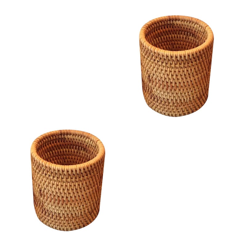 2 pcs Rattan Woven Tea Set Container Handmade Tea Ceremony Basket Storage Basket Multi-Purpose Rattan Woven Pen Container Teaset Accessories For Home Office Restaurant Cylindrical Style - Image 4