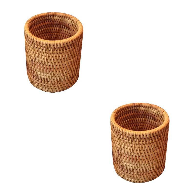 2 pcs Rattan Woven Tea Set Container Handmade Tea Ceremony Basket Storage Basket Multi-Purpose Rattan Woven Pen Container Teaset Accessories For Home Office Restaurant Cylindrical Style - Image 5