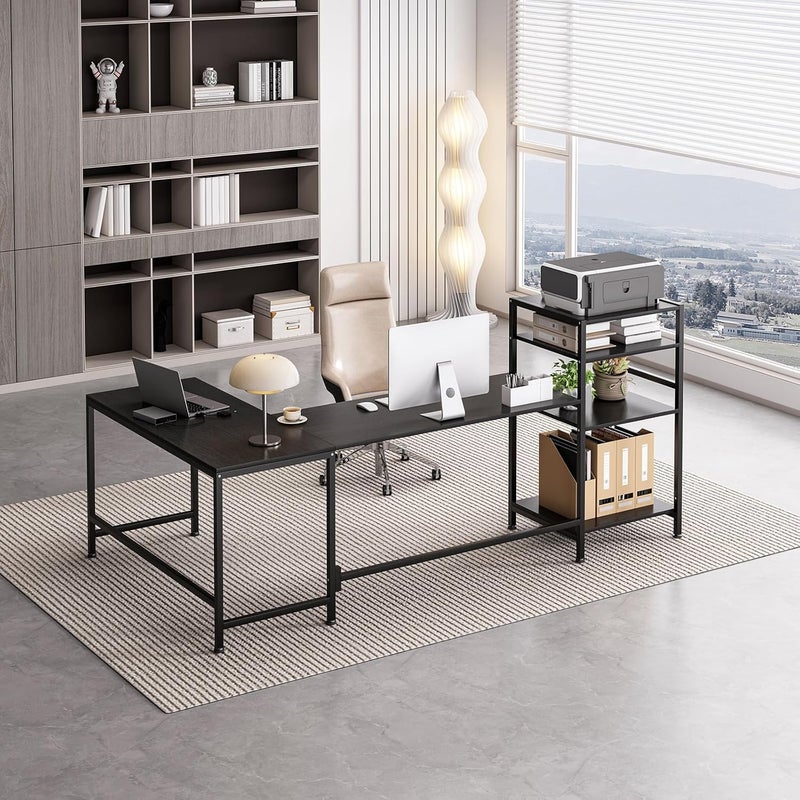 JANTENS Computer Desk with Bookshelf, L-shape Corner Office Desk for Home Office Student Study,Long Work Station Suit for 2 People, Writing Gaming Table for Home Office (Black) - Image 2
