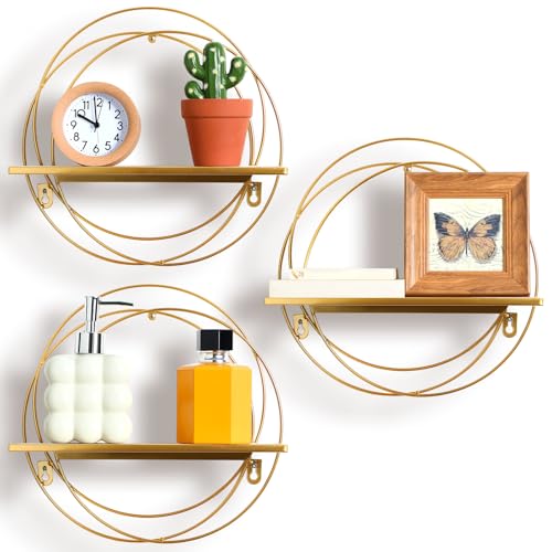 Yaocom 3 Pcs Gold Floating Shelves Wall Mounted Hanging Shelf with Gold Metal Wire and Wood Foldable Round Shelf Wall Decor for Storage Bedroom Bathroom Living Room Kitchen Office Home Decoration - Image 1
