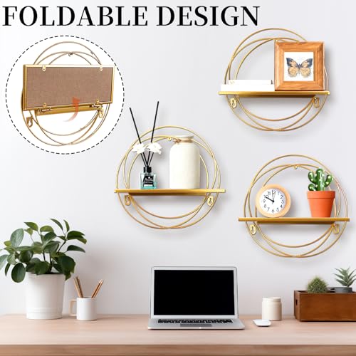 Yaocom 3 Pcs Gold Floating Shelves Wall Mounted Hanging Shelf with Gold Metal Wire and Wood Foldable Round Shelf Wall Decor for Storage Bedroom Bathroom Living Room Kitchen Office Home Decoration - Image 3