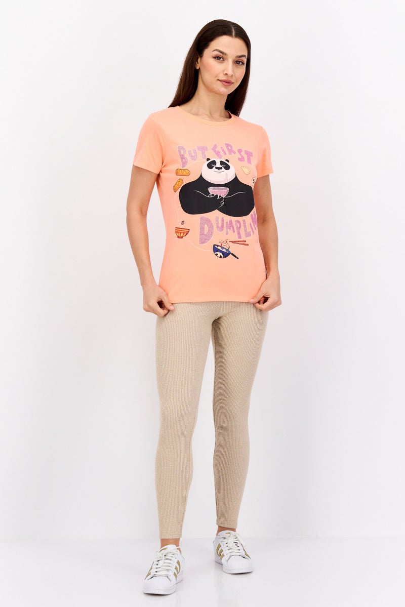 Kung Fu Panda تي شيرت نسائي بأكمام قصيرة وطباعة باندا، برتقالي - Image 4