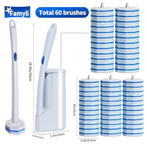 FAMYLI Disposable Toilet Brush Set with 60 Replacement Heads, Toilet Cleaning Replacement Pads, Starter Kit with Storage Case for Deep Cleaning and Hygienic Bathroom Maintenance - Image 2