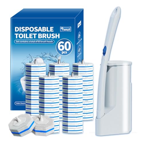 FAMYLI Disposable Toilet Brush Set with 60 Replacement Heads, Toilet Cleaning Replacement Pads, Starter Kit with Storage Case for Deep Cleaning and Hygienic Bathroom Maintenance - Image 1
