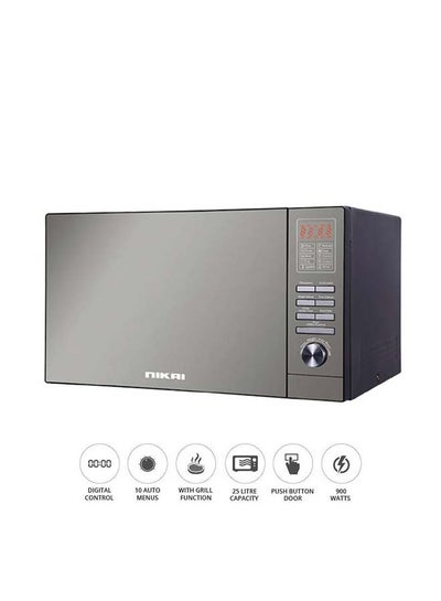 NIKAI Microwave Oven With Grill Function, Digital Control, Mirror Finish, 5 Power Levels, 10 Auto Menus, Defrost Setting, Cooking End Signal, Push Button Door, Child Lock 25 L 900 W NMO250MDG Silver