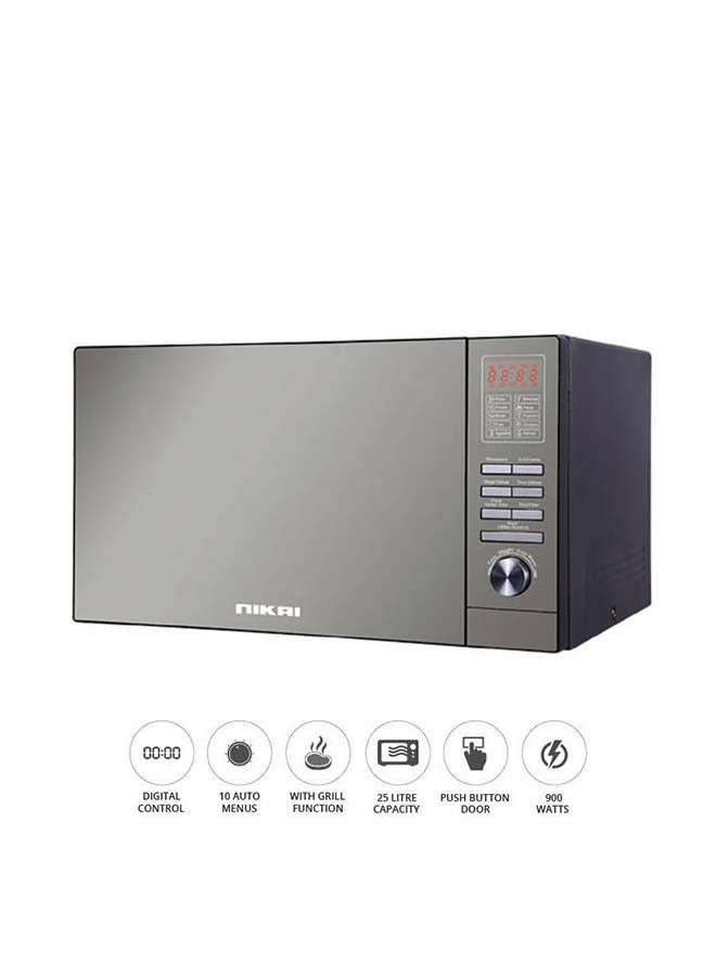 NIKAI Microwave Oven With Grill Function, Digital Control, Mirror Finish, 5 Power Levels, 10 Auto Menus, Defrost Setting, Cooking End Signal, Push Button Door, Child Lock 25 L 900 W NMO250MDG Silver - Image 1