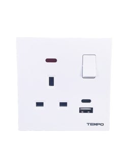 13A 1 Gang Socket with USB & TYPE C white Slim Piano