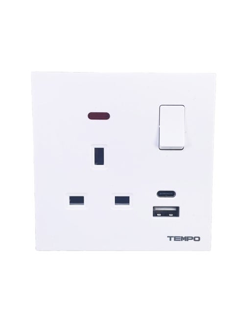 13A 1 Gang Socket with USB & TYPE C white Slim Piano