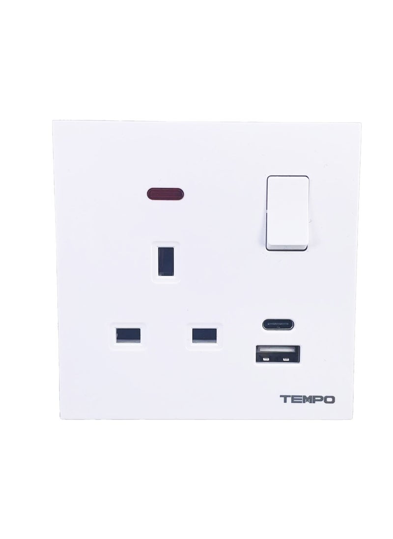 TEMPO - 13A 1 Gang Socket with USB & TYPE C white Slim Piano - Image 1