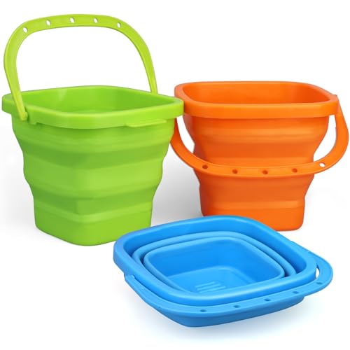 Amarlozn Jumbo Beach Sand Bucket Toy for Kids 3L Collapsible Sandbox Pail Easter Buckets 3 Pack Multi Use Tool for Garden Planting Camping Storage Fishing Washing Summer Holiday Travel Birthday Gifts - Image 1