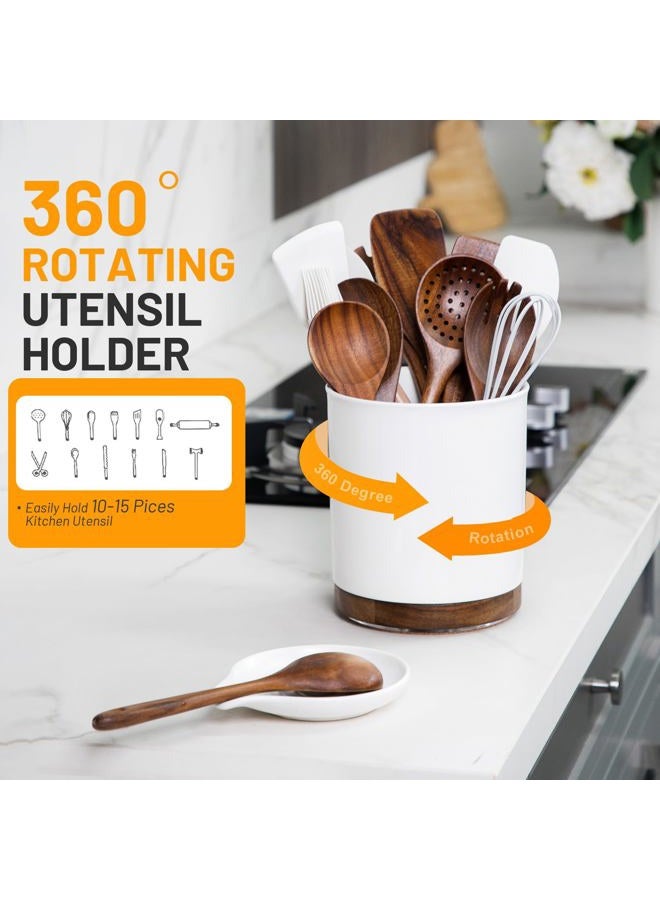 Nucookery Utensil Holder with Spoon Rest, 360° Rotating Ceramic Utensil Holder, 7.2" Kitchen Utensil Crock with Spoon Holder, Kitchen Countertop Organizer, Spoon Rest for Spatulas, Cooking Utensils - Image 5