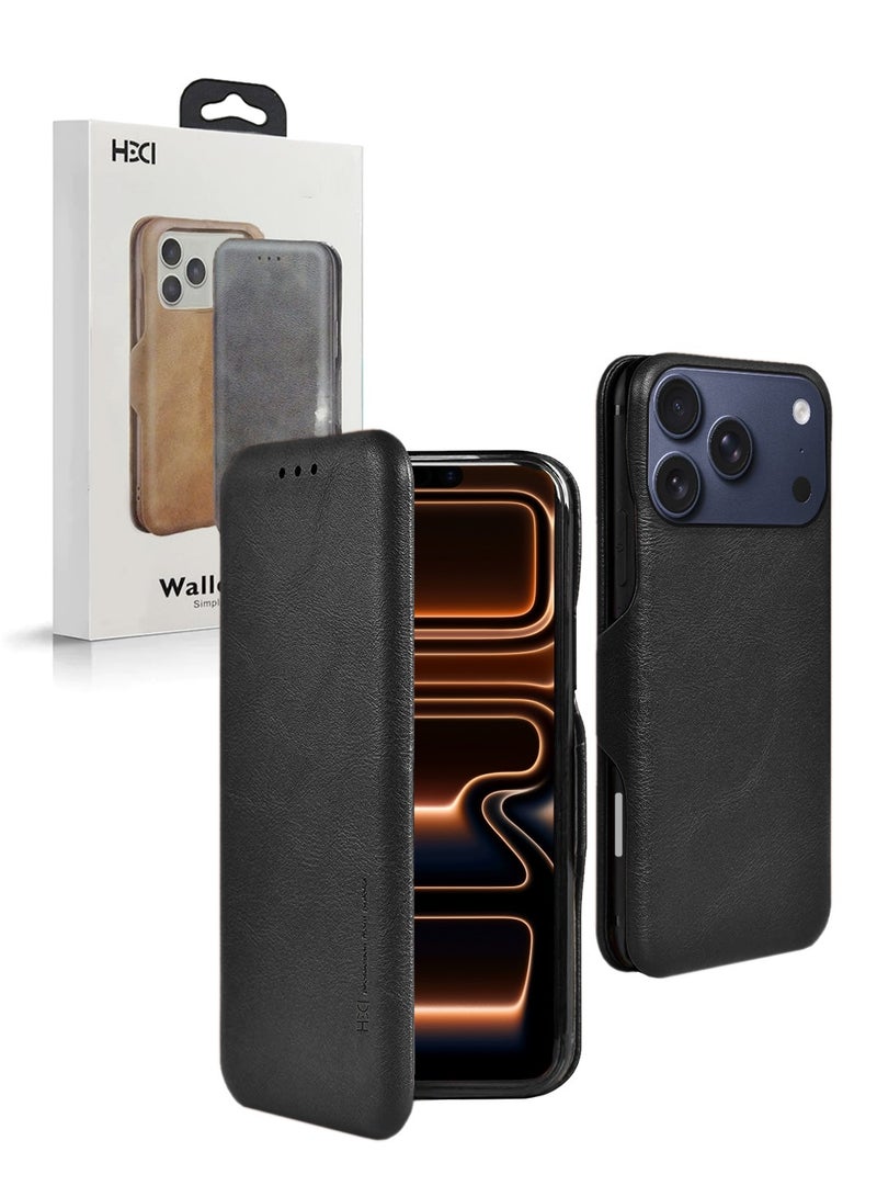 إتش دي سي آي غطاء محفظة قابل للطباعة بتصميم من الجلد الصناعي لهاتف آبل iPhone 17 Pro Max 5G 2025 HDCI (MCFLSN) - أسود - Image 1