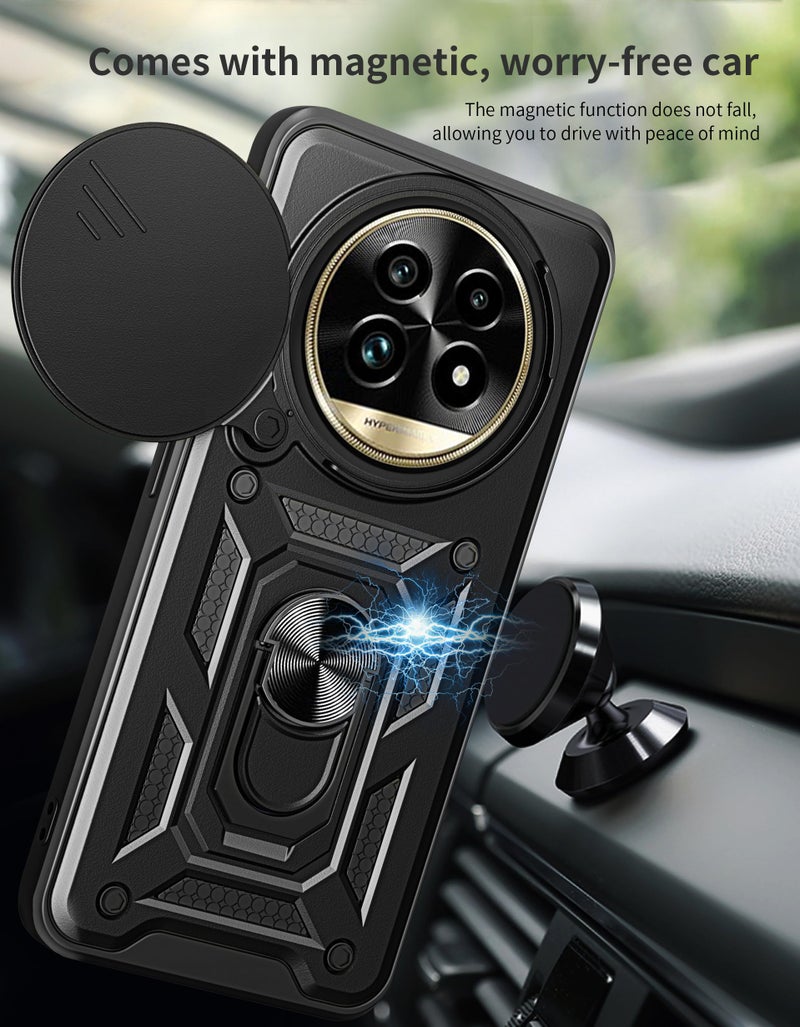 SPAZY CASE® Realme 13 Pro 5G / 13 Pro Plus 5G Back Cover | Heavy Duty Hybrid Case with 360 Degree Rotating Finger Ring Holder + Slider Shutter Camera Protection Case - Black - Image 3