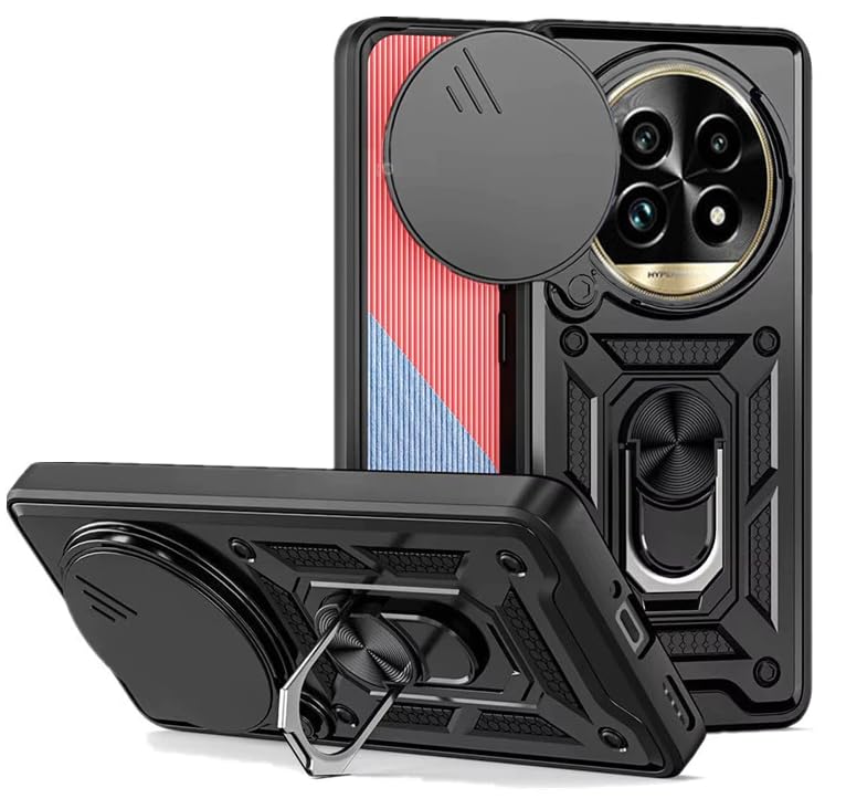 SPAZY CASE® Realme 13 Pro 5G / 13 Pro Plus 5G Back Cover | Heavy Duty Hybrid Case with 360 Degree Rotating Finger Ring Holder + Slider Shutter Camera Protection Case - Black - Image 1