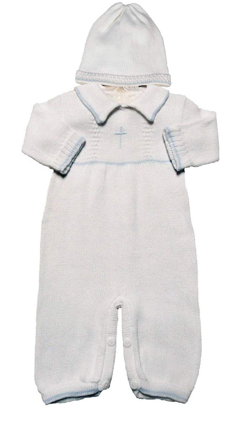 Christening Day Boy's White Cotton Knit Christening Baptism Longall w/Blue Cross and Hat 18 Mo - Image 3