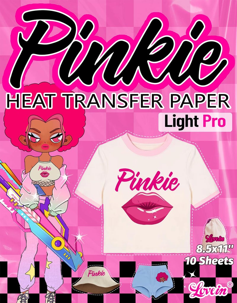 Lovein Pinkie UPGRADED Heat Transfer Paper for Light Fabric 85x1110 Sheets Light Iron on Transfer Paper Printable HTV for Inkjet Printer Compatible with Cutting Machines Machine Washable