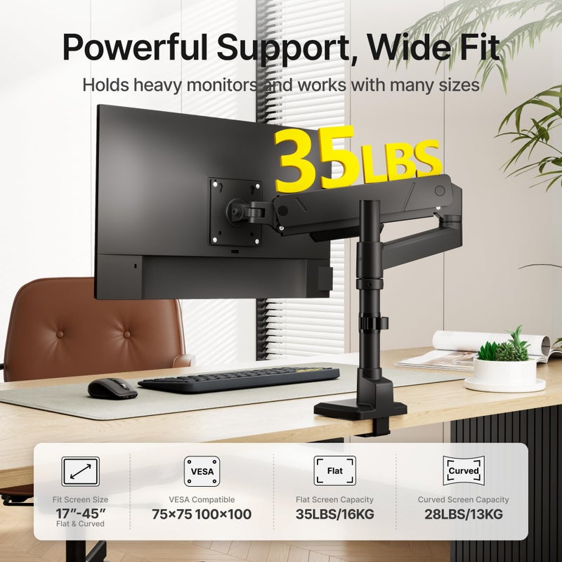 monTEK Tall Single Monitor Arm for 17 to 45 Inch Curved Screen Adjustable Upgraded Heavy Duty Ultrawide Monitor Arm Holds 35 Lbs Cable Management with C Clamp, Grommet Base, VESA 75/100mm, MA1007PBK - Image 3