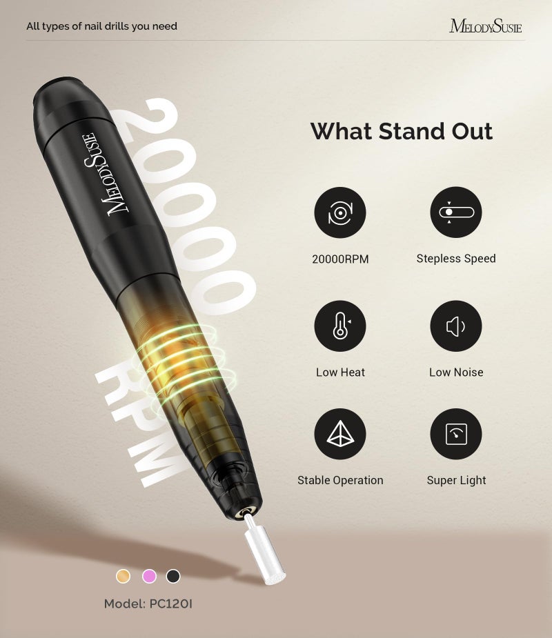 MelodySusie Electric Nail Drill Machine,PC120I Portable Electric Nail File Efile Set for Acrylic Gel Nails, Manicure Pedicure Tool with Nail Drill Bits Sanding Bands Dust Brush, Black - Image 4