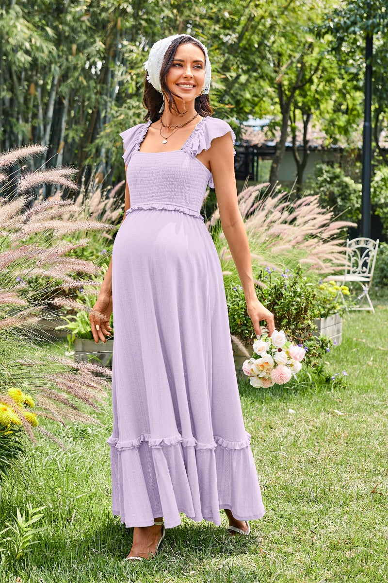 OUGES Womens 2026 Summer Maternity Baby Shower Dress Casual Boho Maxi Smocked Maternity Photoshoot Dresses Ruffle Sleeve Square Neck Gender Reveal Dress Pregnancy Must Have Clothes (Purple,L) - Image 5