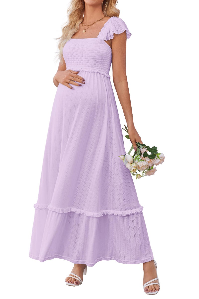 OUGES Womens 2026 Summer Maternity Baby Shower Dress Casual Boho Maxi Smocked Maternity Photoshoot Dresses Ruffle Sleeve Square Neck Gender Reveal Dress Pregnancy Must Have Clothes (Purple,L) - Image 1