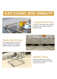 RIGID Stainless Steel Square Center Table with Glass Top  45x100x100cm  - Image 3