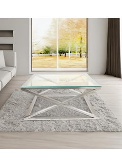 RIGID Stainless Steel Square Center Table with Glass Top  45x100x100cm  - Image 4