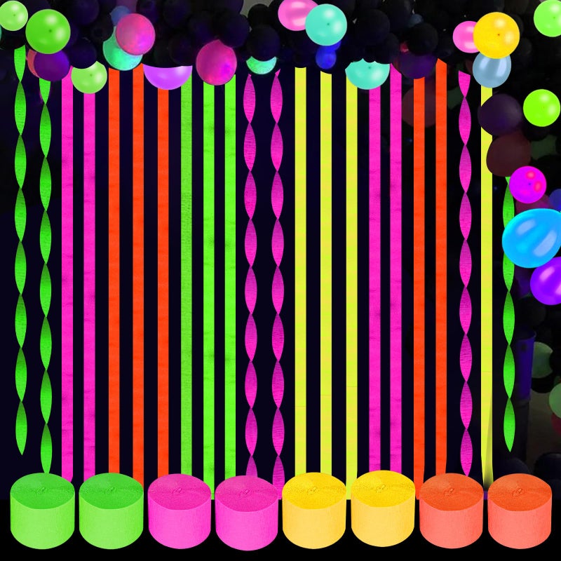 Qpout 656 Feet Crepe Paper Streamers Neon Party Decorations 8 Rolls UV Reactive Paper Streamers Blacklight Party Supplies Glow Party Decorations 80s Party Decorations Birthday Party Decorations