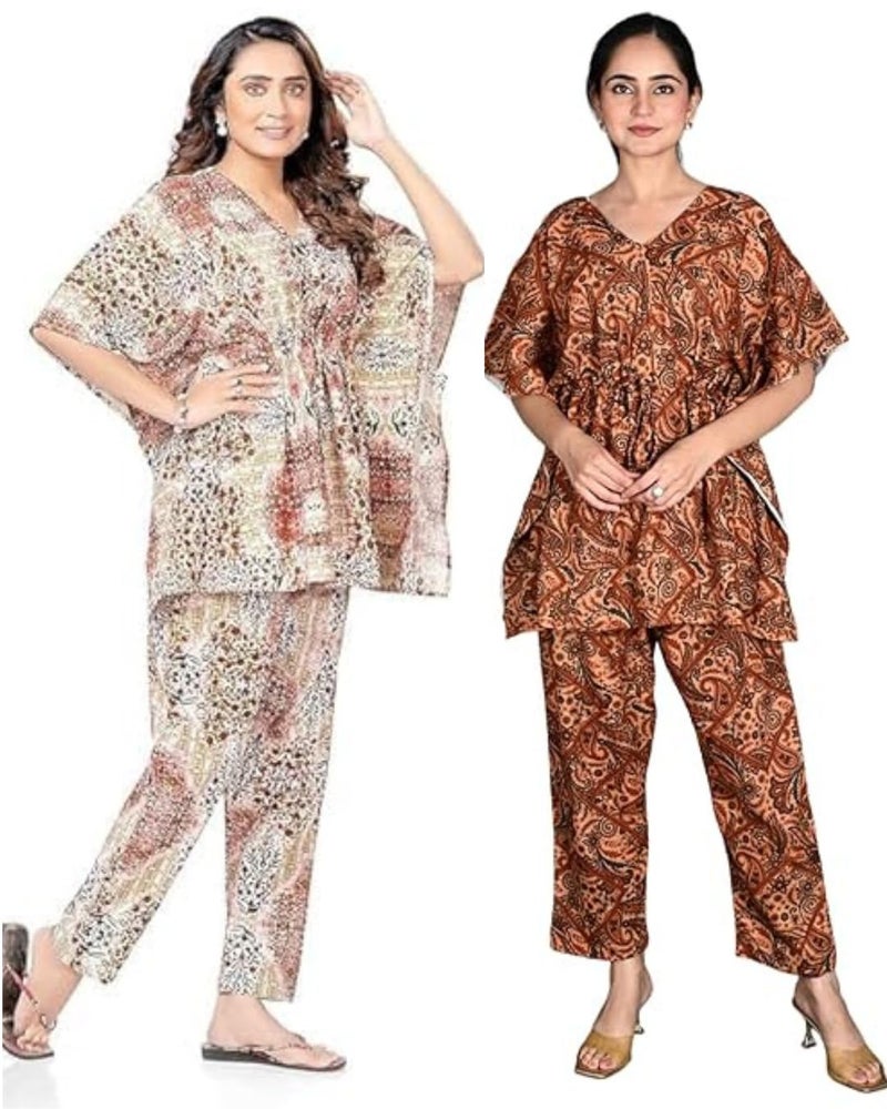 Vlazom Women's 100% Cotton Printed Kaftan & Pyjama Set – Combo Pack of 2 | Free Size Nightwear with Pocket | Soft Cotton Loungewear Co-ord for Women (Beige.Musterd, Free Size) - Image 1