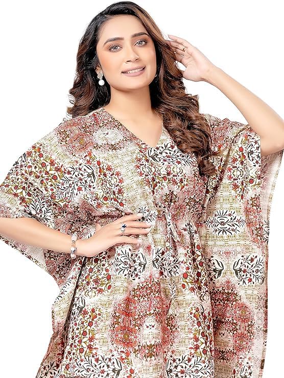 Vlazom Women's 100% Cotton Printed Kaftan & Pyjama Set – Combo Pack of 2 | Free Size Nightwear with Pocket | Soft Cotton Loungewear Co-ord for Women (Beige.Musterd, Free Size) - Image 5
